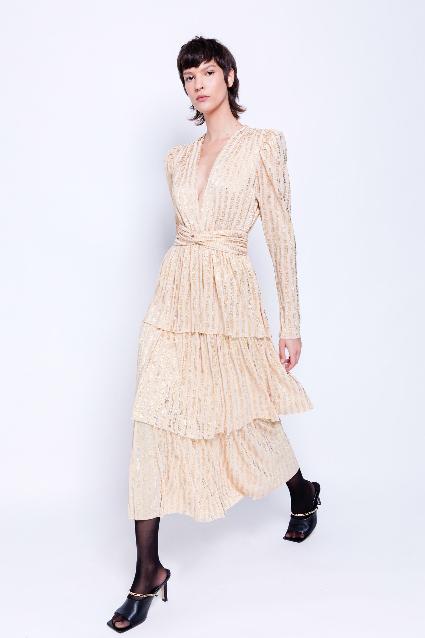 SABINA MUSAYEV - pleated_knit_w_gold_stripes_ivory