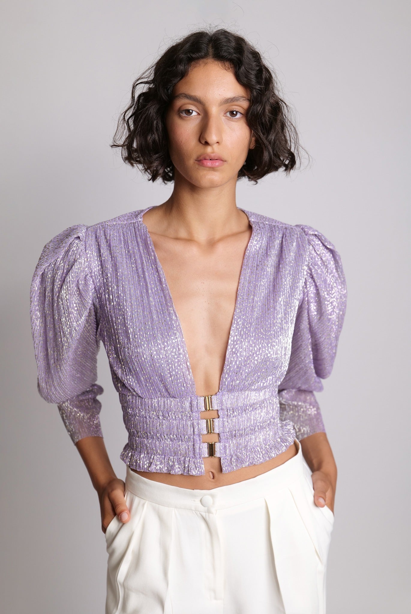 SABINA MUSAYEV - pleated_knit_w_speckled_foil_lilac