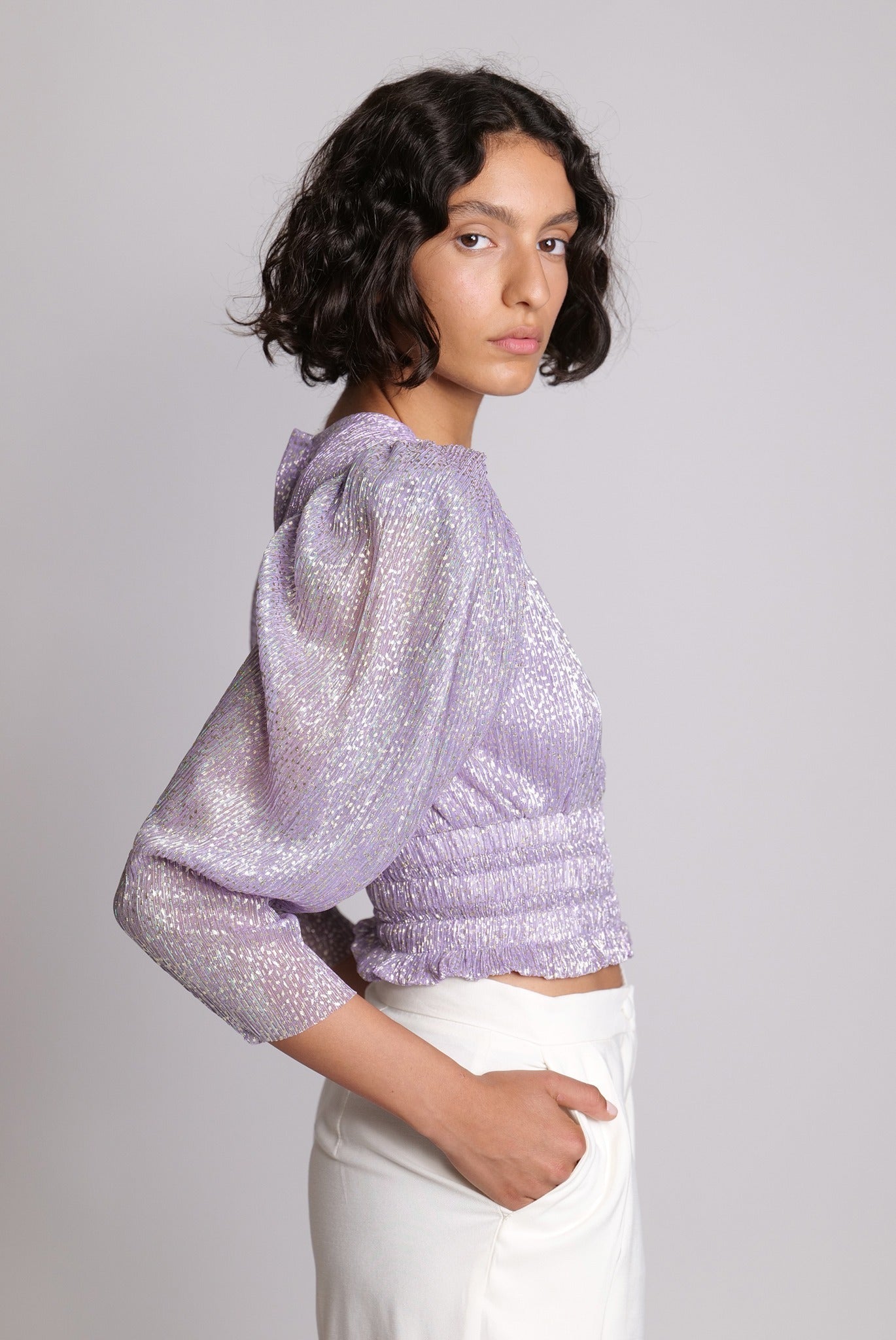 SABINA MUSAYEV - pleated_knit_w_speckled_foil_lilac