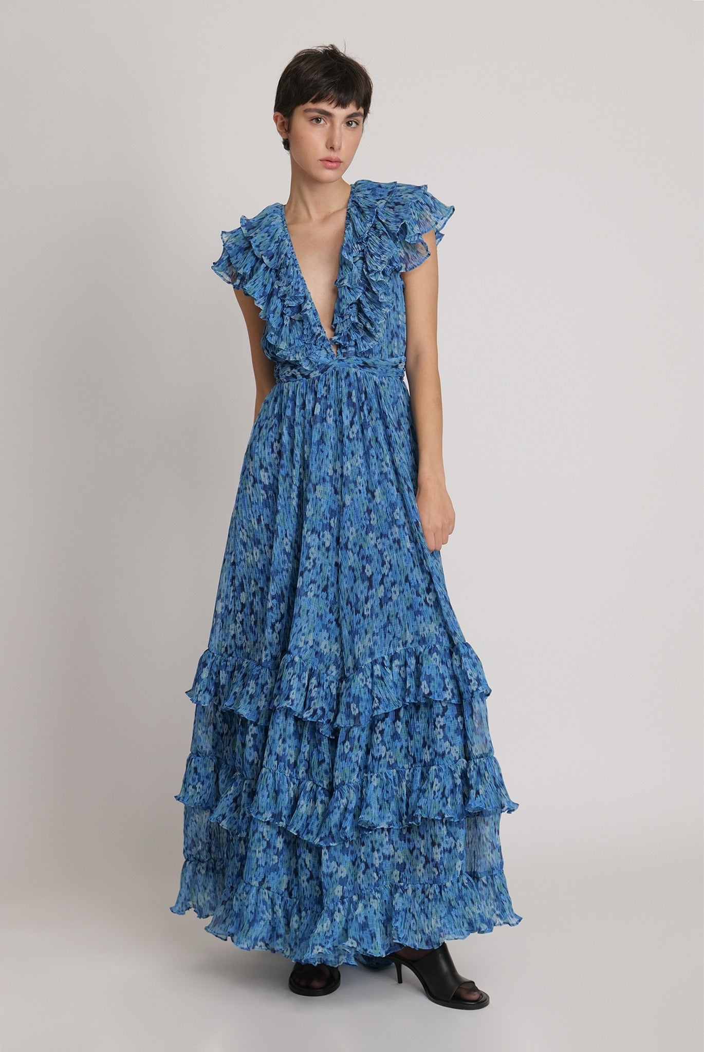 SABINA MUSAYEV - flora_pleated_chiffon_turquoise_print_fw_23_24