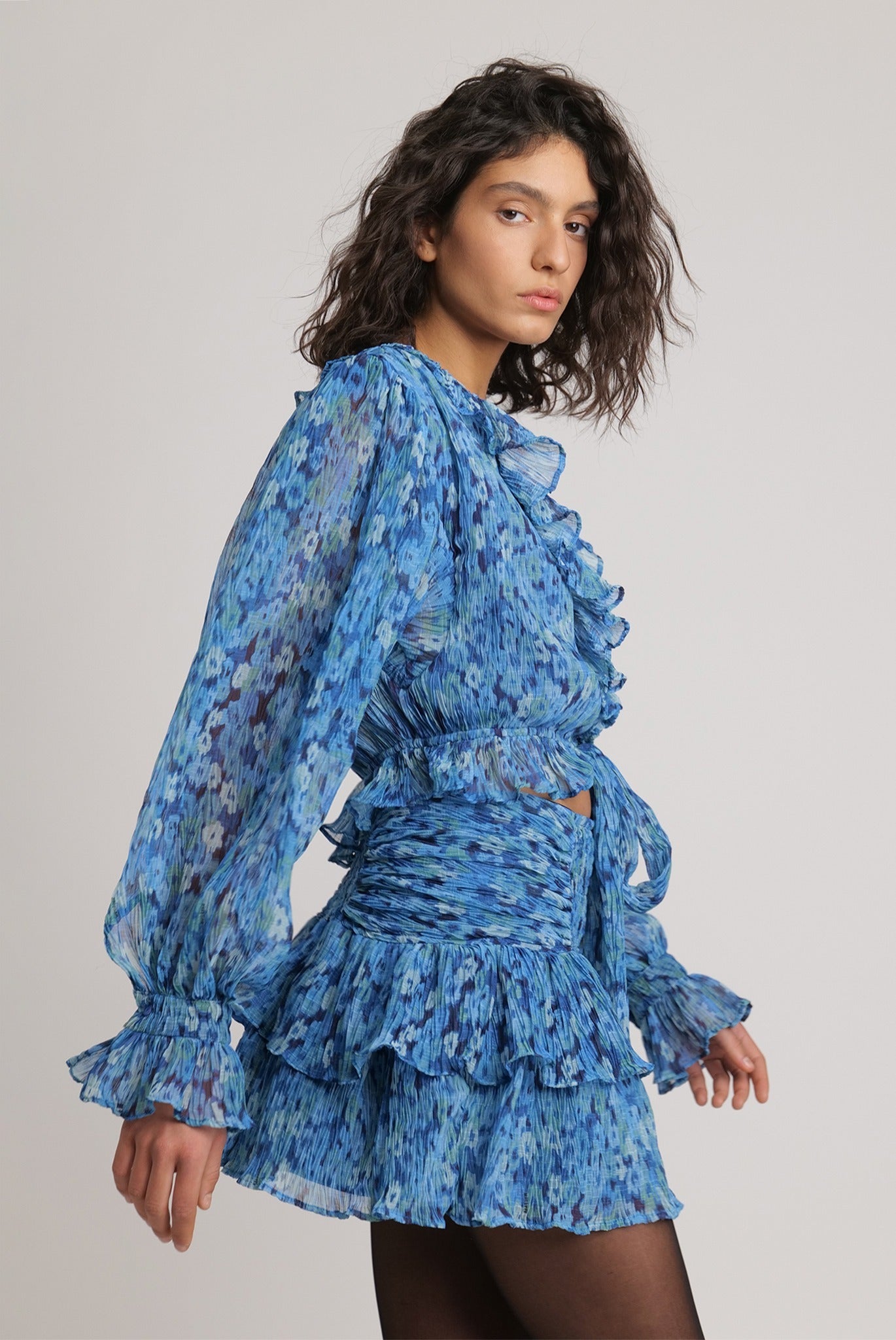 SABINA MUSAYEV - flora_pleated_chiffon_turquoise_print_fw_23_24