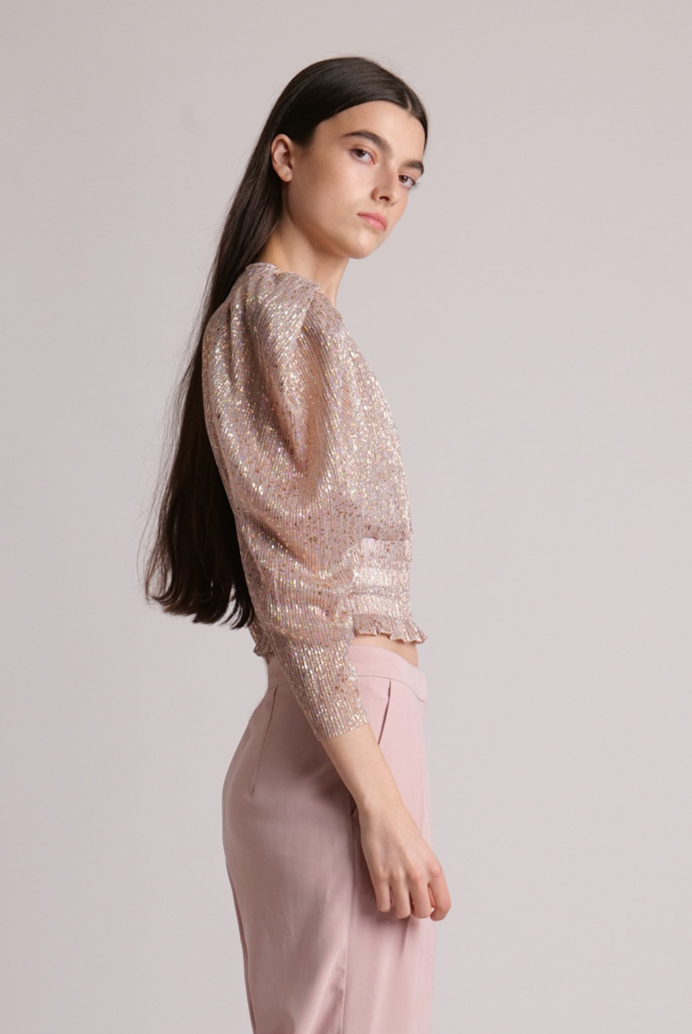 SABINA MUSAYEV - pleated_knit_w_multi_dot_foil_pearl_blush