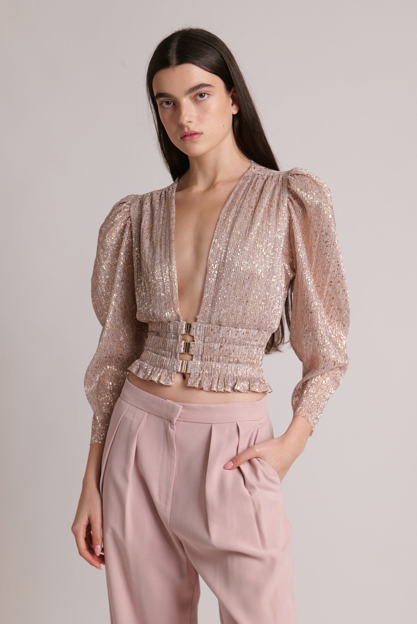 SABINA MUSAYEV - pleated_knit_w_multi_dot_foil_pearl_blush